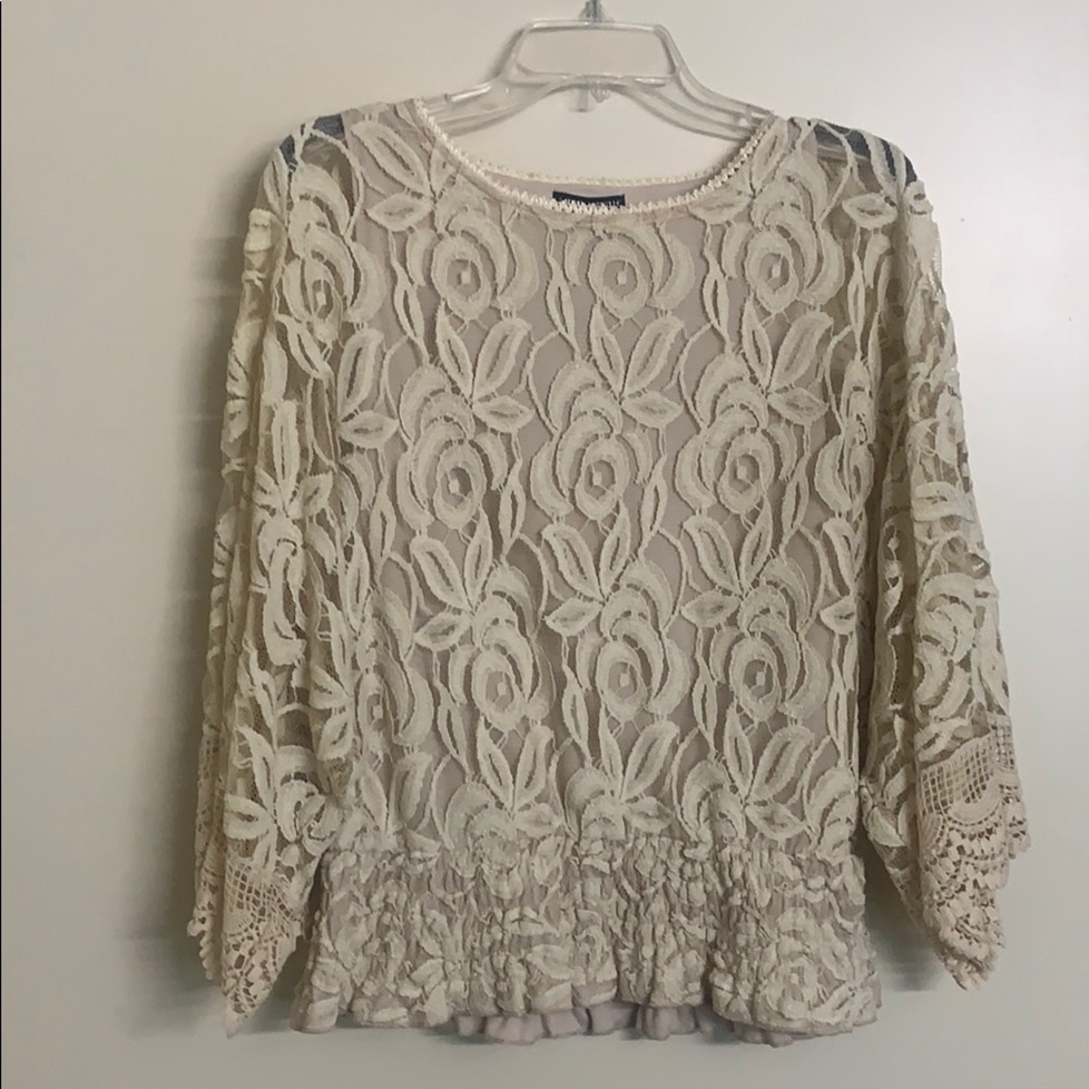 Lace Crochet Blouse Cream S Smocked Hem